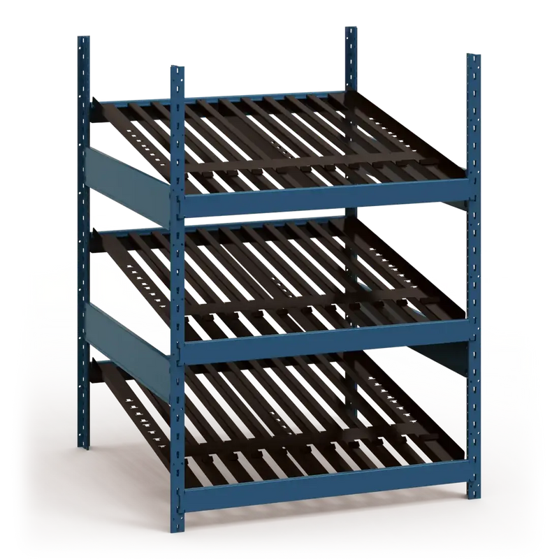 Blue metal shelving unit with black shelves on a white background