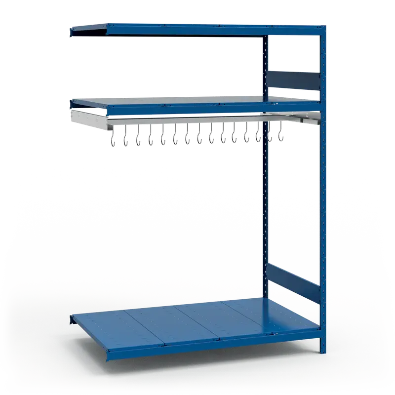 Blue metal shelving unit with hanging hooks on a white background