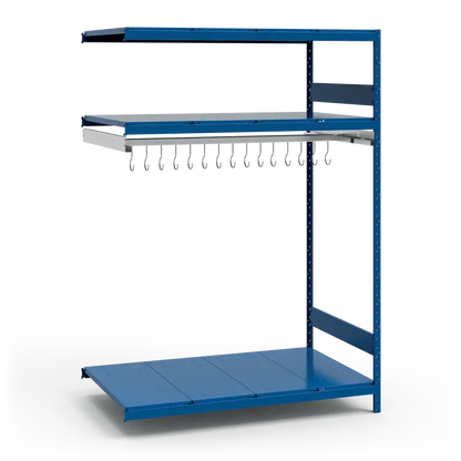 Blue metal shelving unit with hanging hooks on a white background