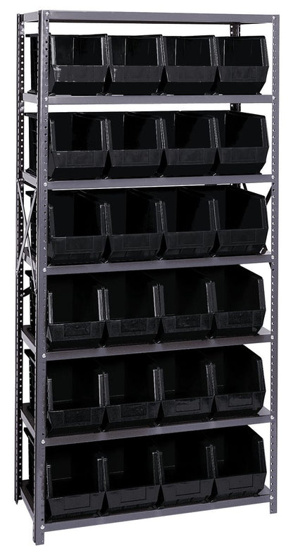 Metal storage rack with multiple black bins on a white background