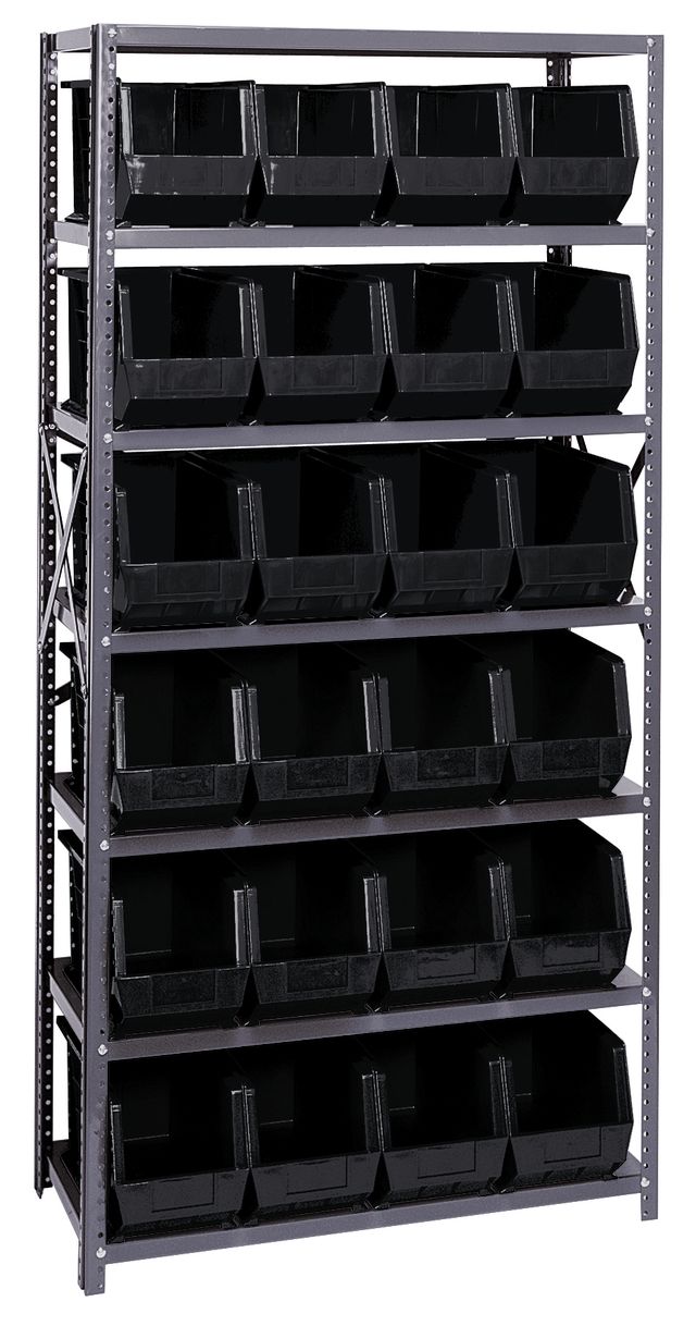Metal storage rack with multiple black bins on a white background