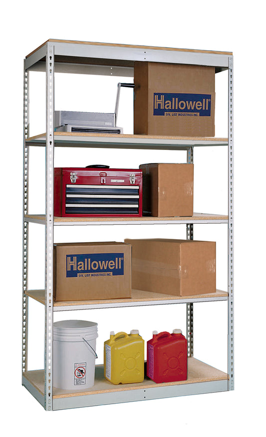Metal shelving unit with boxes and containers on a white background