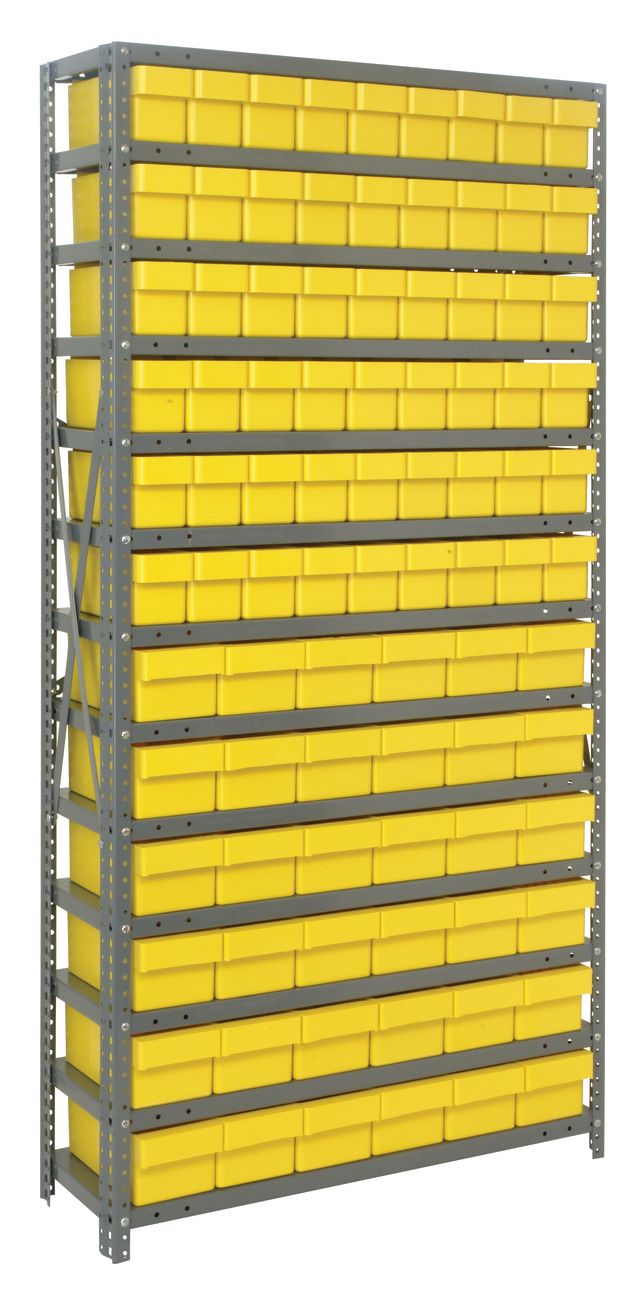 Storage rack with yellow bins on a white background