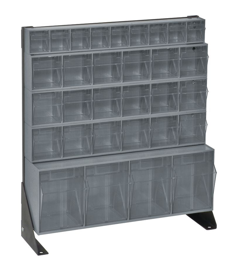 Stackable storage bins with a metal frame on a white background