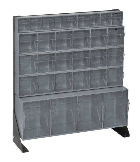 Stackable storage bins with a metal frame on a white background