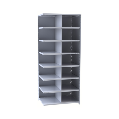 Metal shelving unit with multiple shelves on a white background