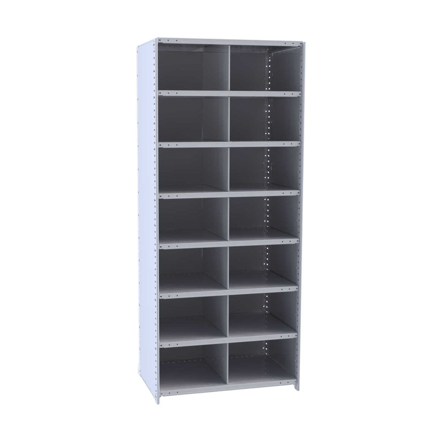 Metal shelving unit with multiple shelves on a white background