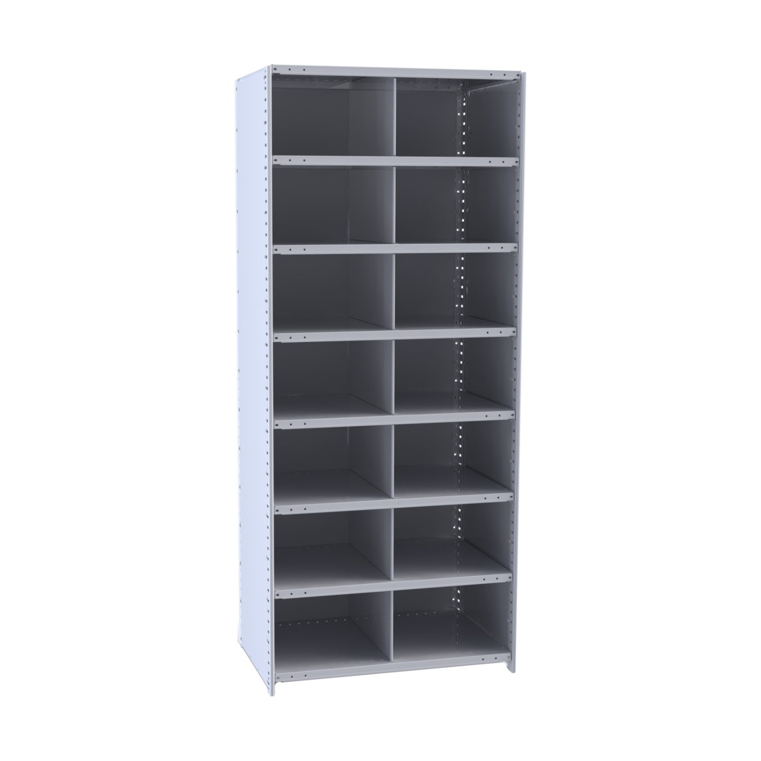 Metal shelving unit with multiple shelves on a white background