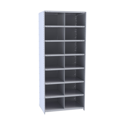 Metal shelving unit with multiple shelves on a white background