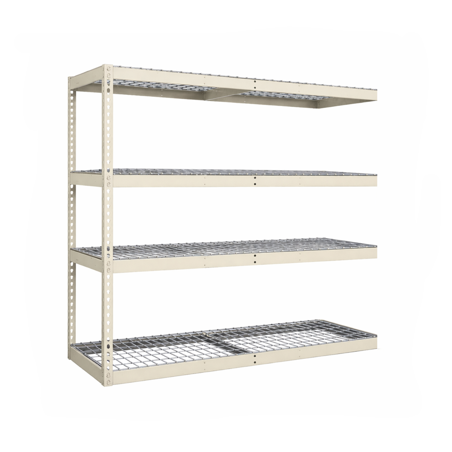 Metal shelving unit with four shelves on a white background