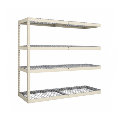 Metal shelving unit with four shelves on a white background