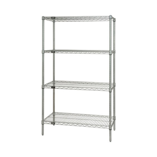 Metal shelving unit with four shelves on a white background
