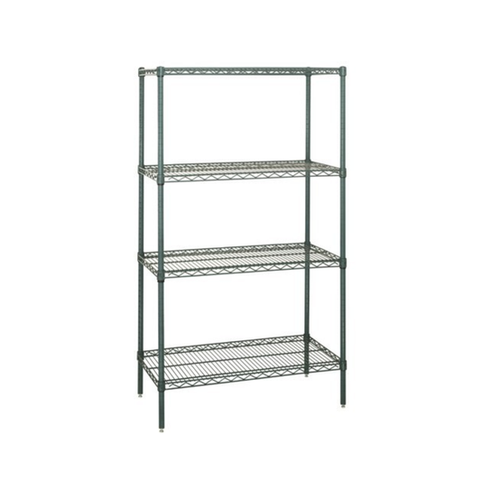 Metal shelving unit with four shelves on a white background