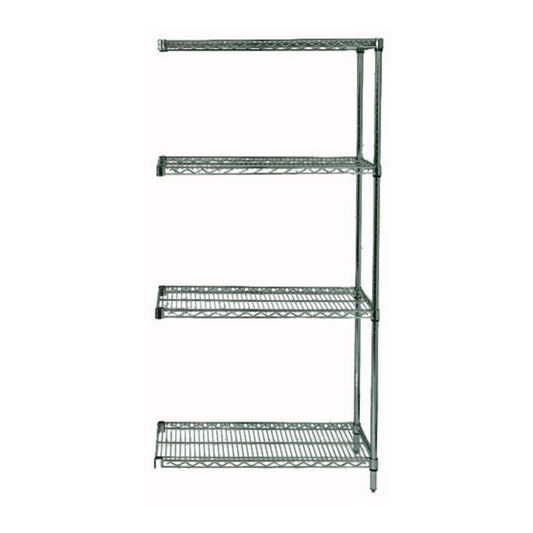 Metal shelving unit with four shelves on a white background