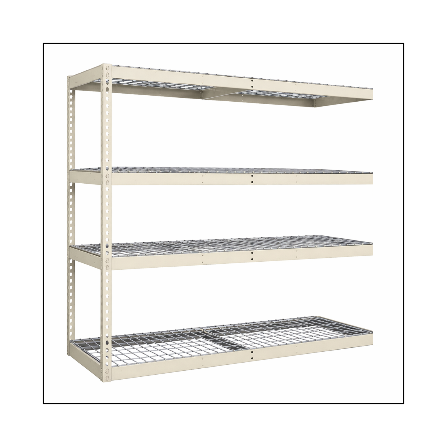 Metal shelving unit with four shelves on a white background
