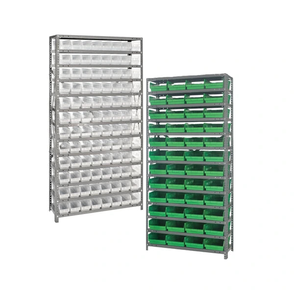 Two shelving units with white and green storage bins on a white background