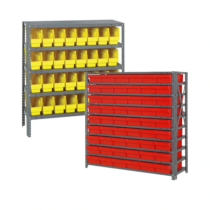 Storage racks with yellow and red bins on a white background