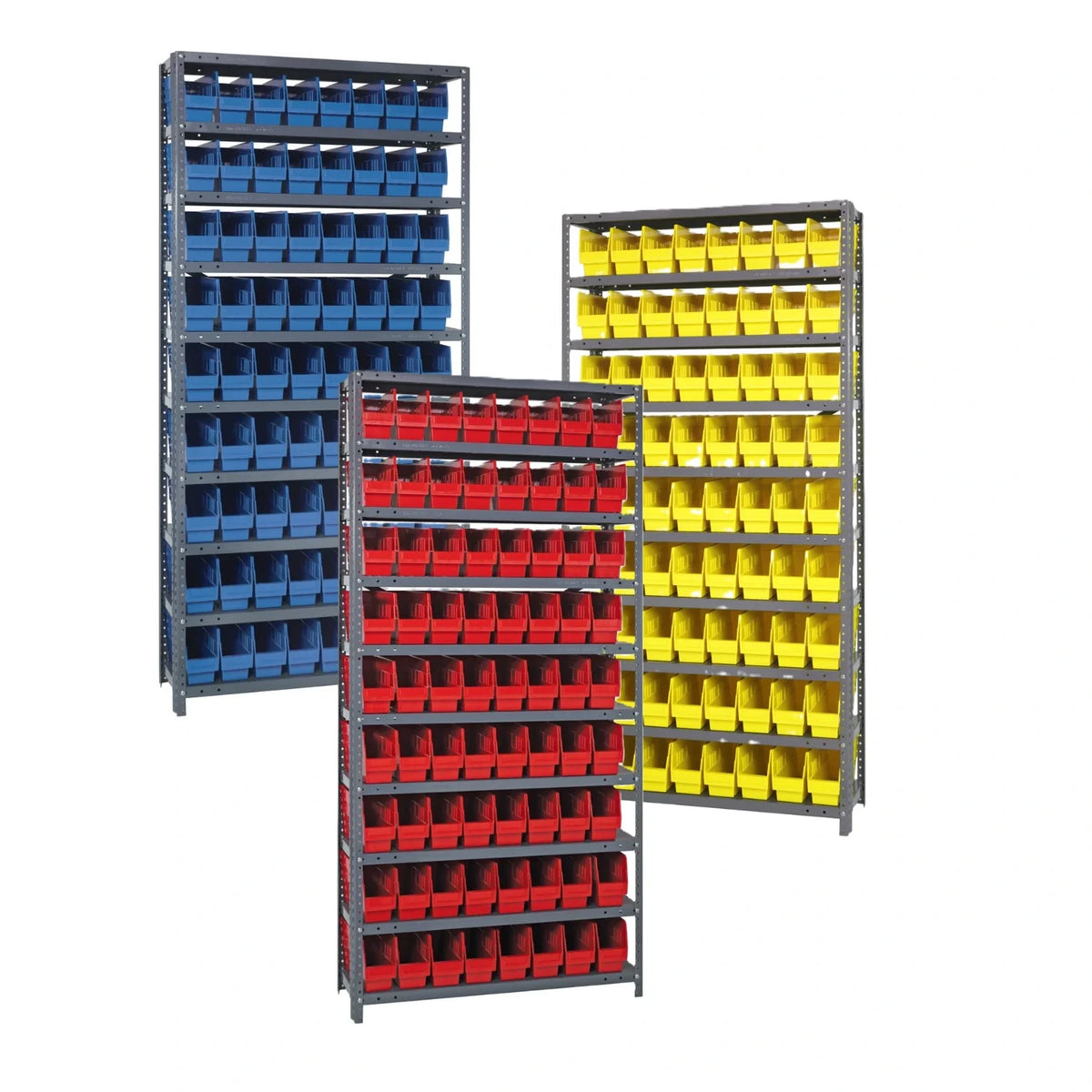 Storage racks with blue, red, and yellow bins on a white background