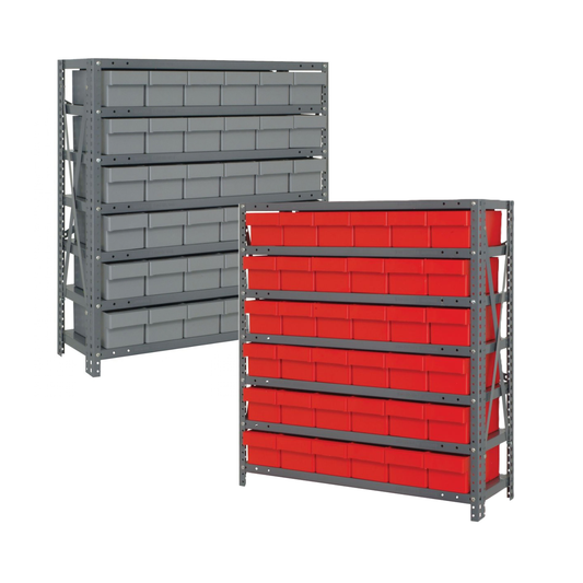 Storage rack with gray shelves and red storage bins on a white background