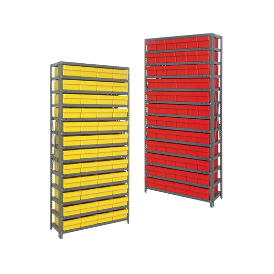 Two shelving units with yellow and red storage bins on a white background