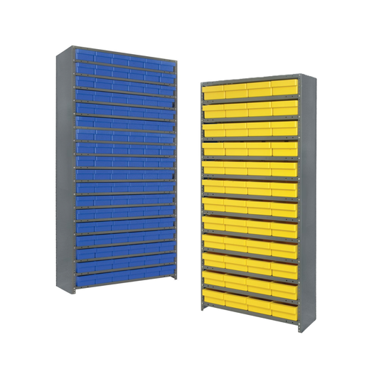 Two storage racks, one with blue drawers and the other with yellow drawers, on a white background.