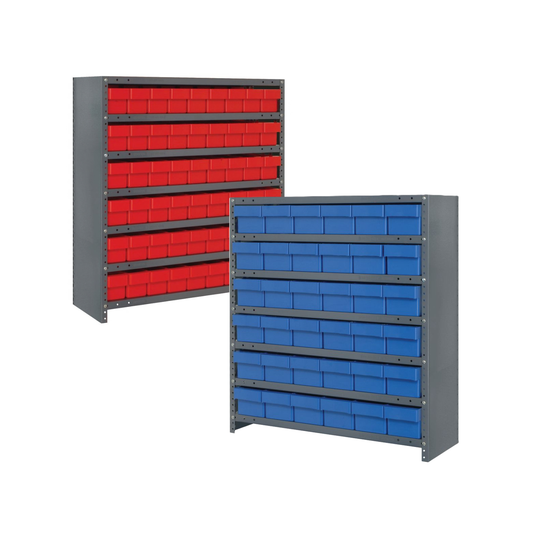 Storage shelves with red and blue bins on a white background