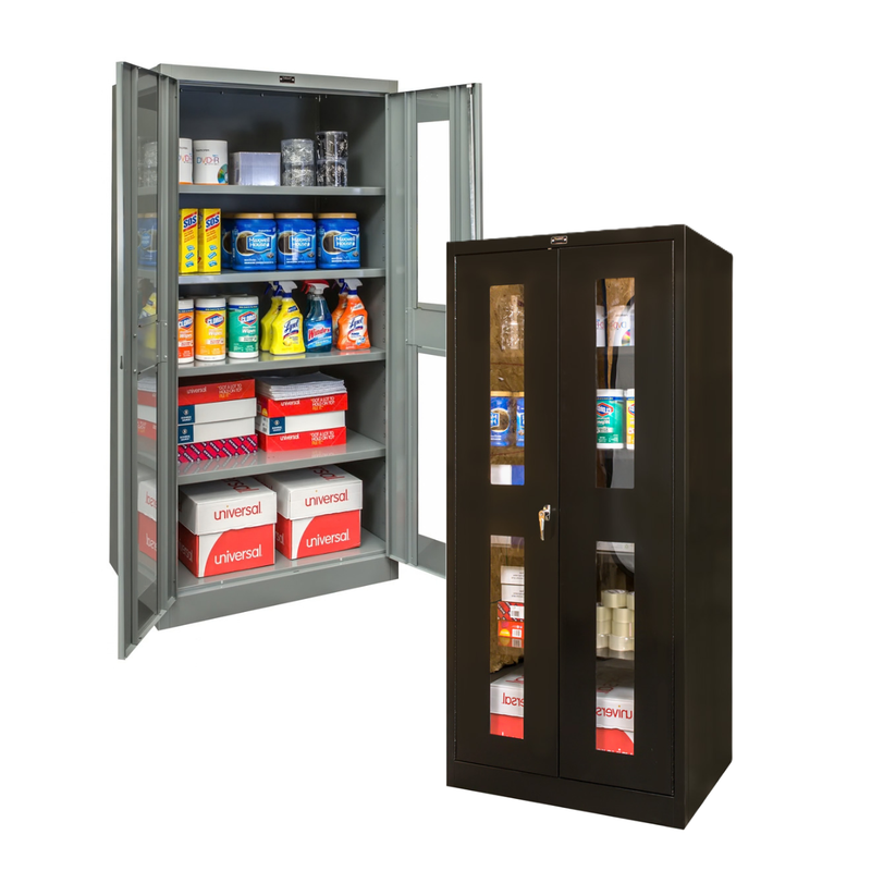 Two storage cabinets, one gray and one black with glass doors, filled with various products on a white background.