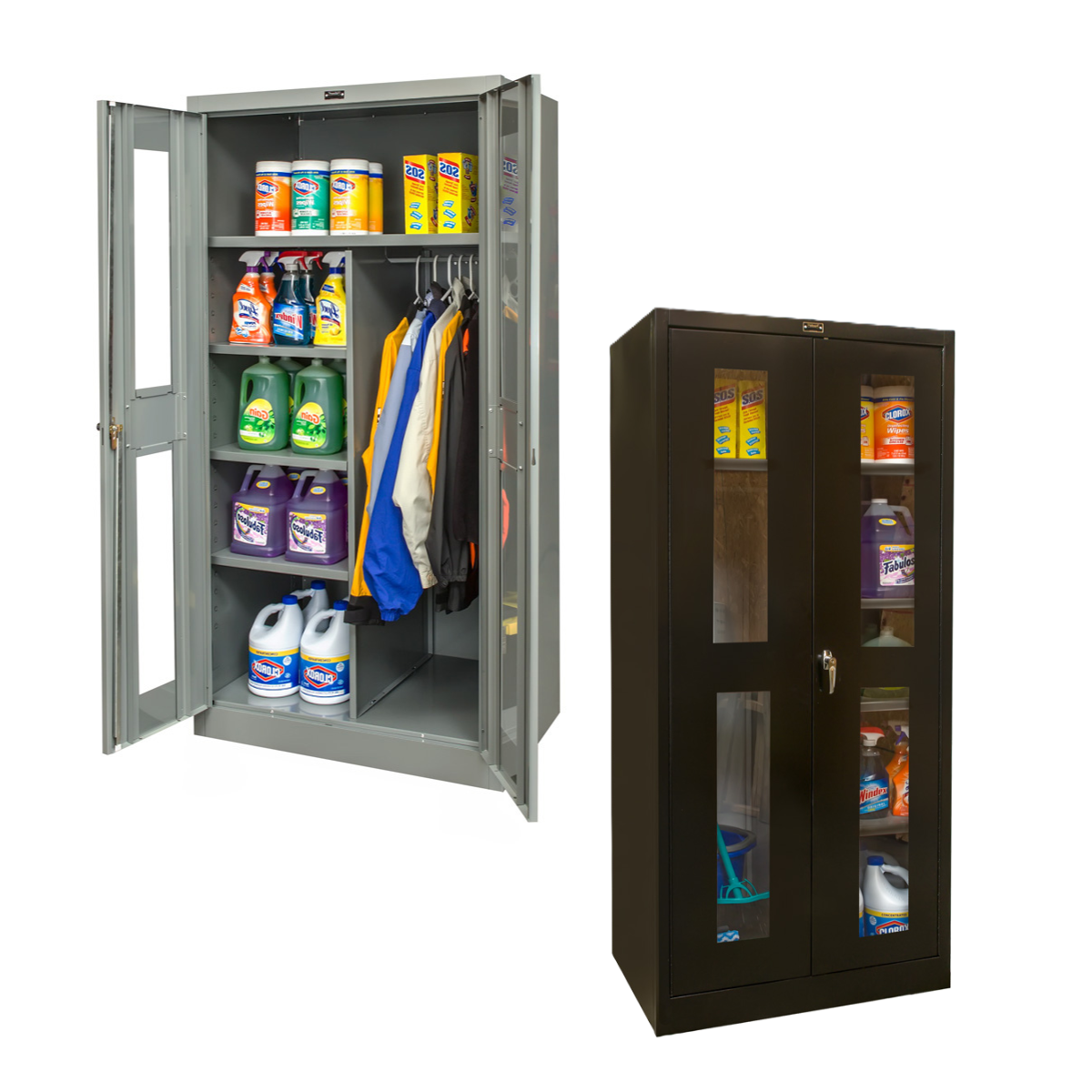 Two storage cabinets, one open with supplies and the other closed with visible shelves.