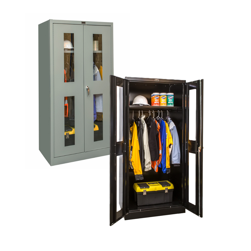 Two storage lockers, one gray and one black, with various items inside on a white background.
