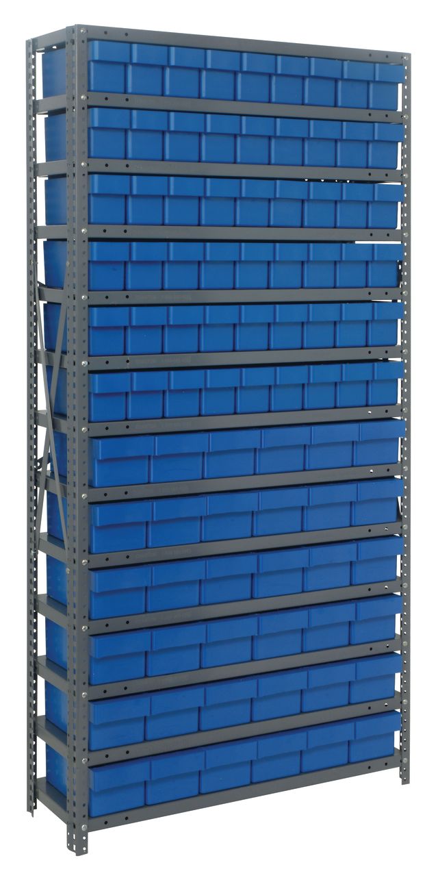 Storage rack with blue bins on a gray background