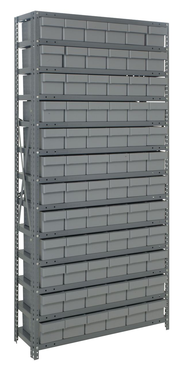 Stack of gray storage bins on a metal rack