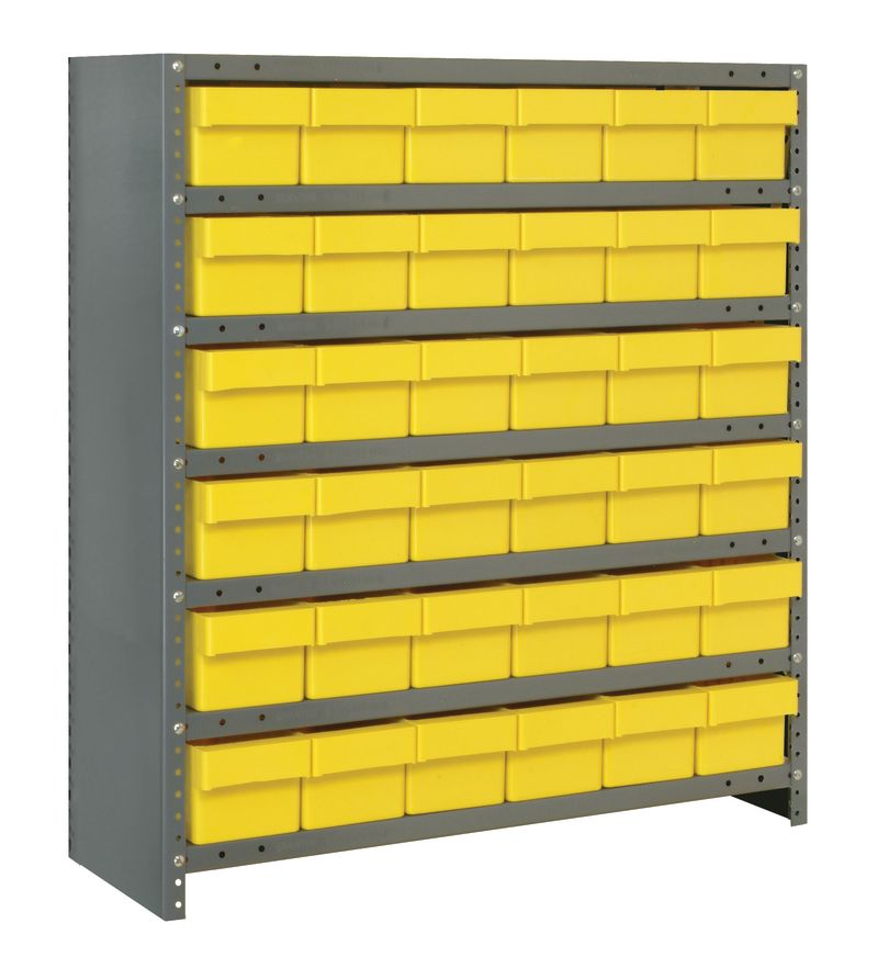 Storage rack with yellow bins on a white background