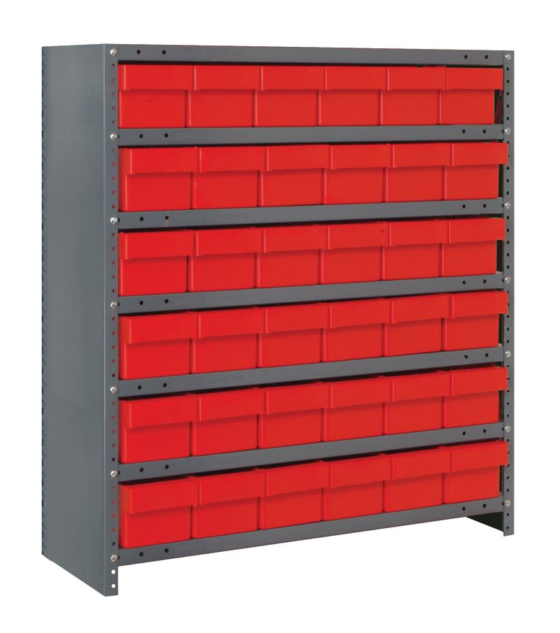 Gray storage rack with red bins on a white background