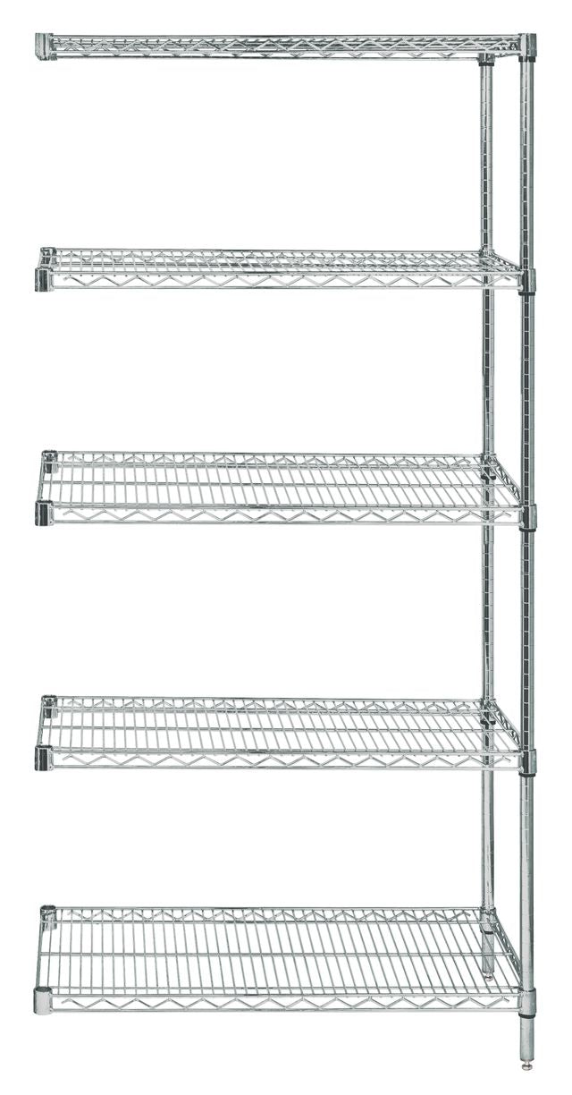 Metal shelving unit with five shelves on a white background