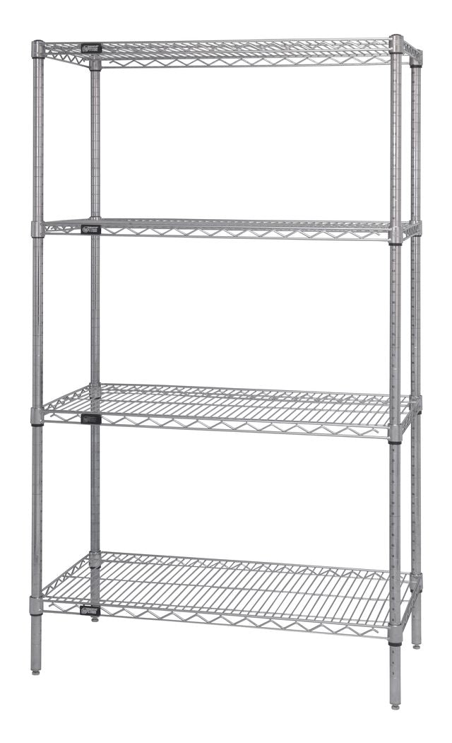 Metal shelving unit with four shelves on a white background