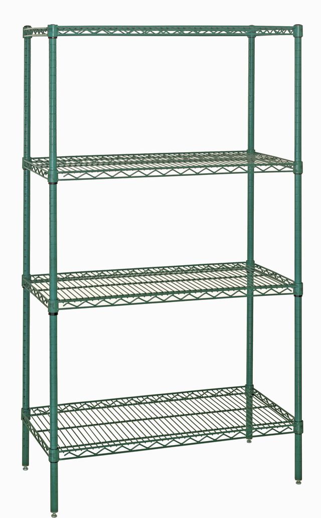 Green metal shelving unit with four shelves on a white background