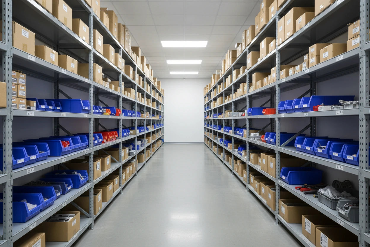 Storage warehouse with shelves filled with boxes and blue bins.