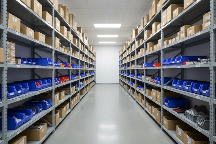 Long rows of shelves filled with boxes and blue bins in a warehouse setting.
