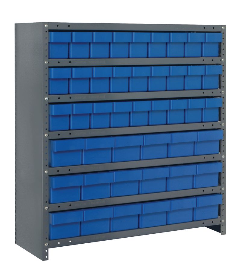 Storage rack with blue bins on a white background