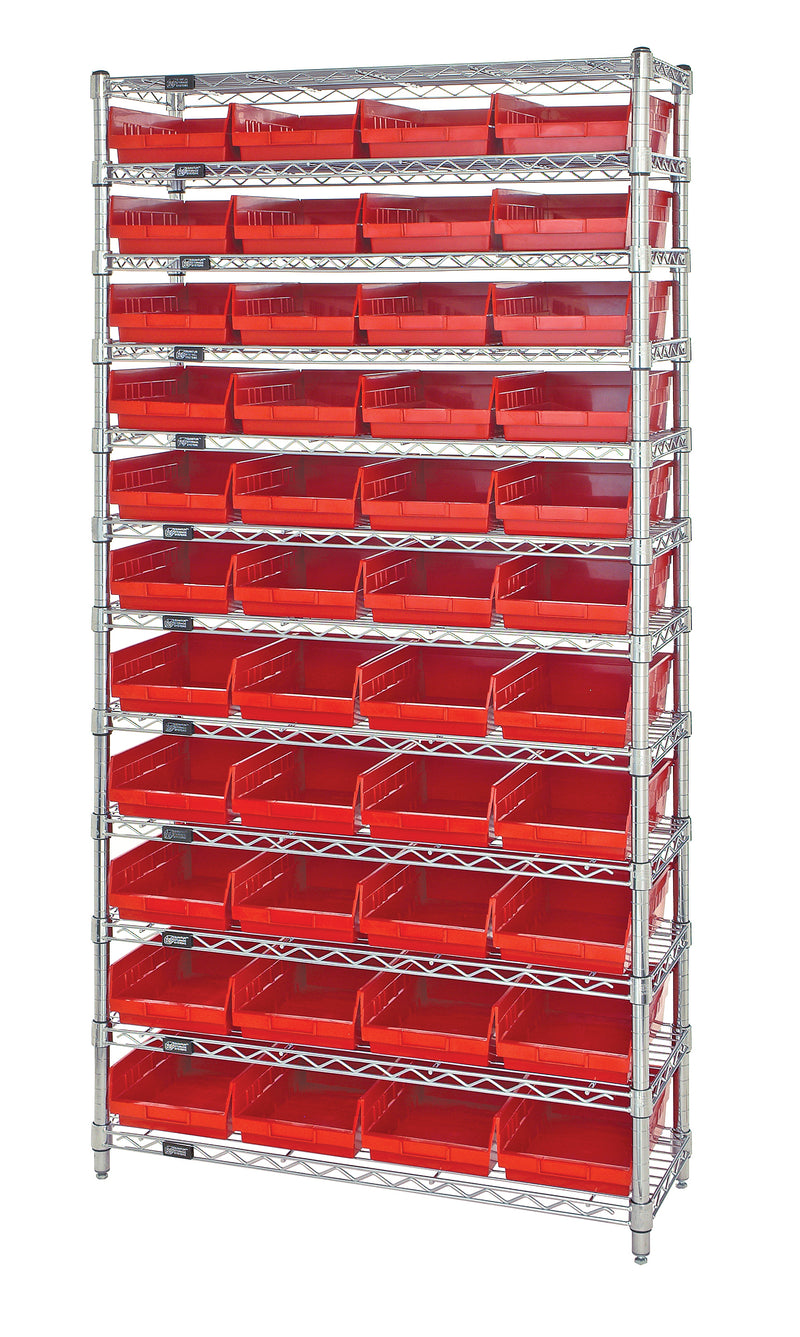 Quantum Economy 4" Shelf Bin Wire Shelving Systems with Bins – 24" x 36" x 74" – WR12-114 – Red