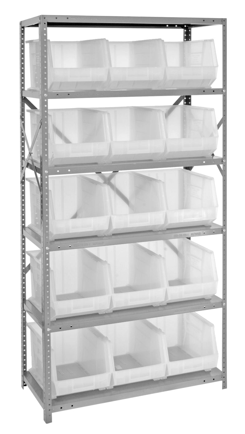 Metal shelving unit with white storage bins on a white background