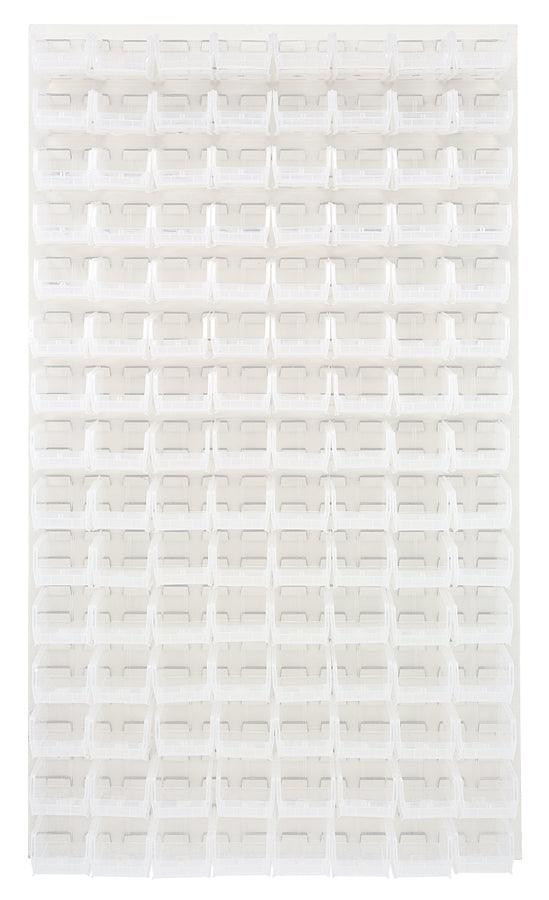 Quantum Louvered Panels with Bins – 36" x 61" – Oyster White – 120 QUS220 Bins – Clear
