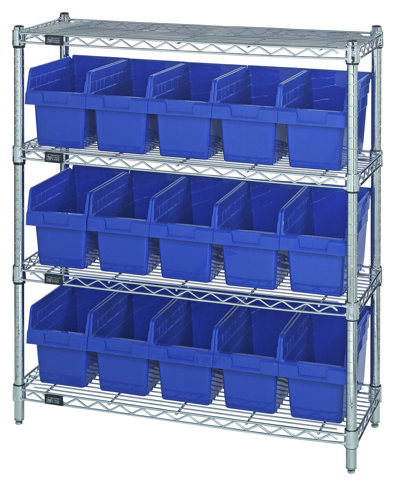 Quantum Store-Max 8" Shelf Bin Wire Shelving Systems with Bins – WR4-39-1236-801 to WR8-802 – WR4-39-1236-802 – Blue