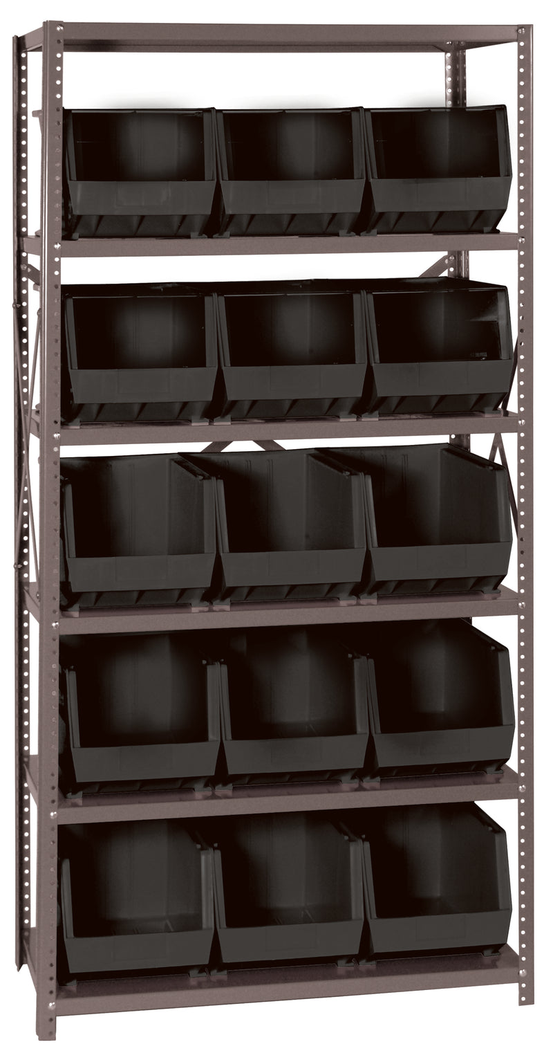 Metal shelving unit with black storage bins on a gray background