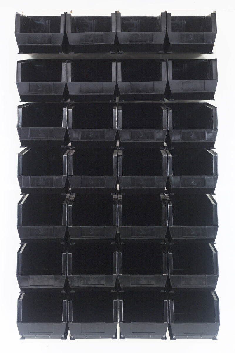 Quantum Louvered Panels with Bins – 36" x 61" – Oyster White – 28 QUS240 Bins – Black