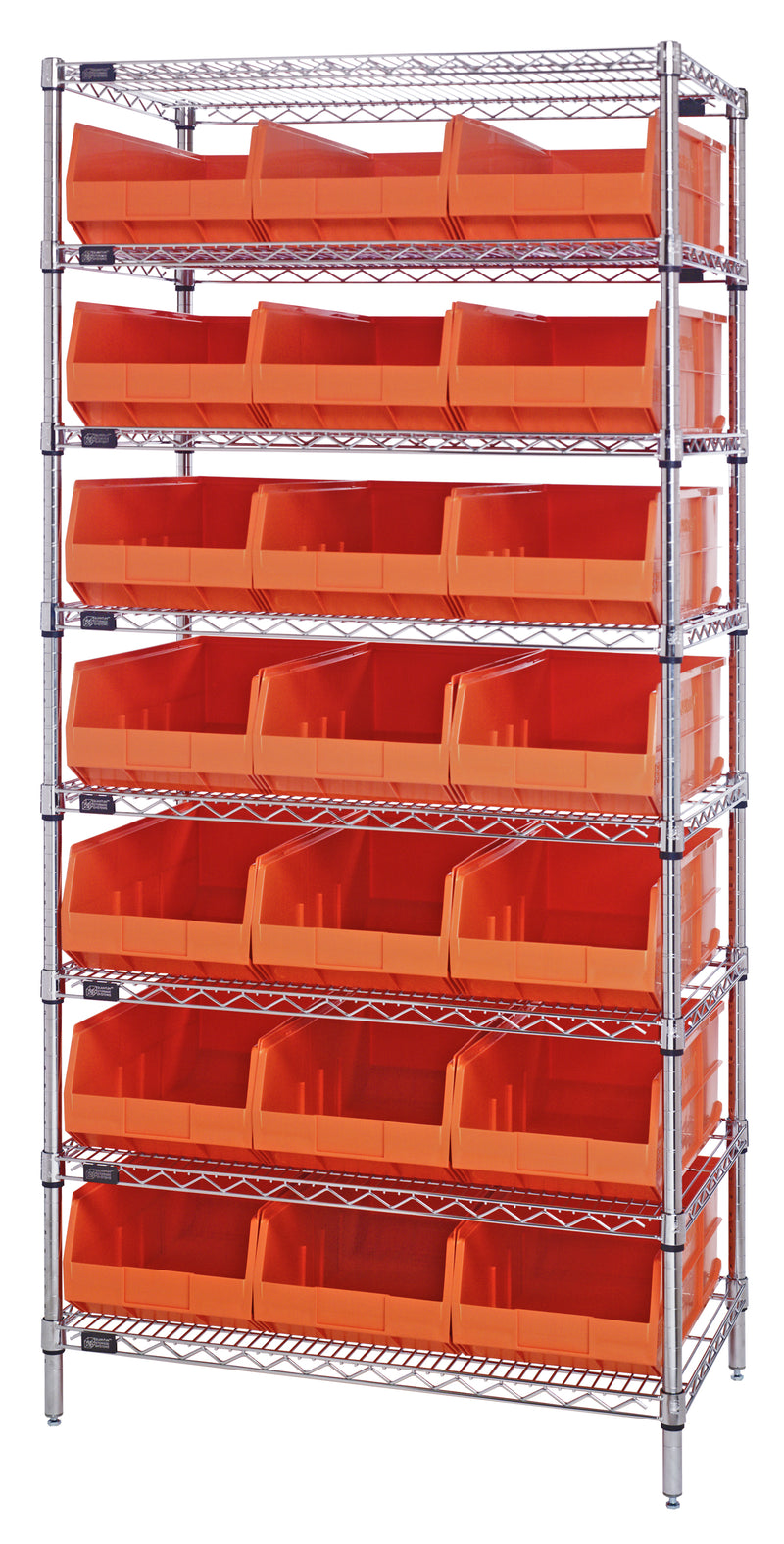 Quantum Wire Shelving with Stackable Shelf Bins – 14" x 36" x 74" – WR8-445 – Orange