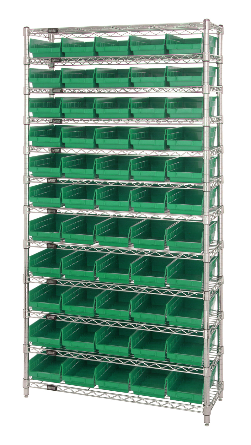 Quantum Economy 4" Shelf Bin Wire Shelving Systems with Bins – 24" x 36" x 74" – WR12-106 – Green
