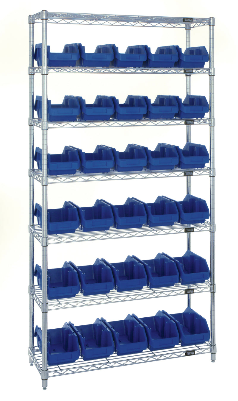 Quantum QuickPick Heavy-Duty Wire Shelving with QuickPick Bins – Complete Package – 36" x 18" x 74" – W7-12-24 to W7-18-24 – W7-12-30 – Blue