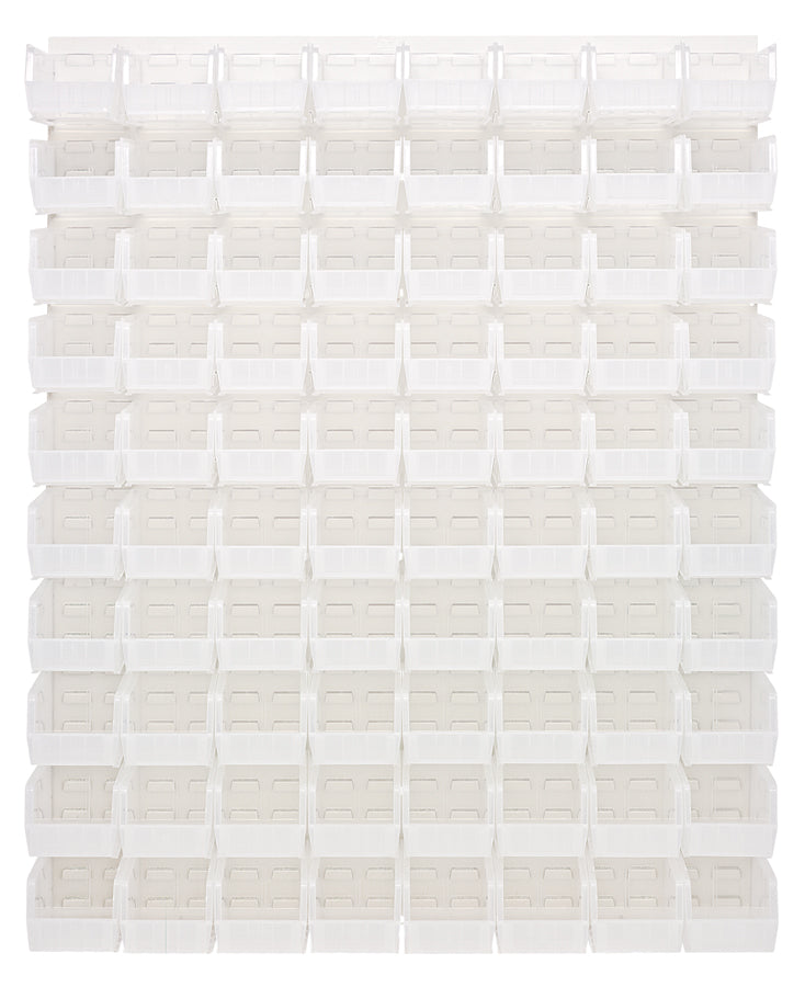 Quantum Louvered Panels with Bins – 48" x 61" – Oyster White – 80 QUS230 Bins – Clear