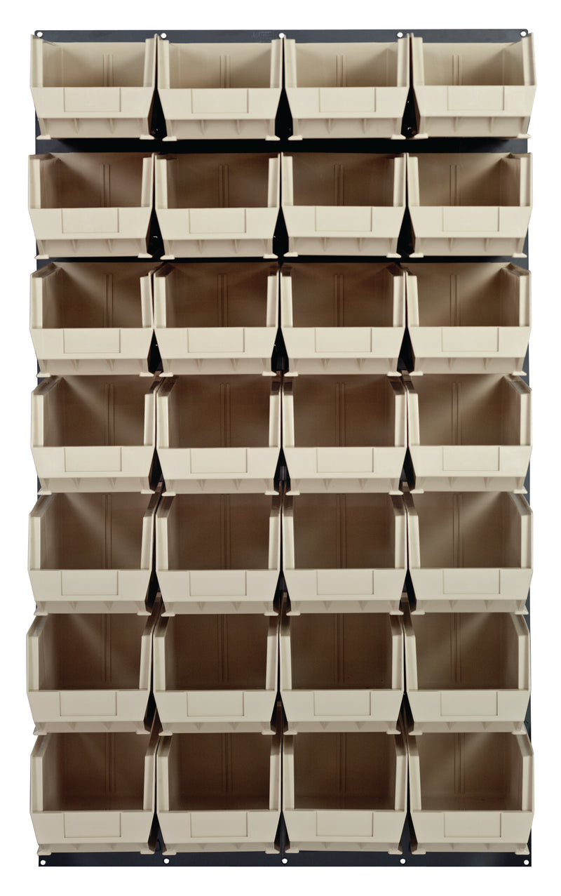 Quantum Louvered Panels with Bins – 36" x 61" – Gray – 28 QUS240 Bins – Ivory